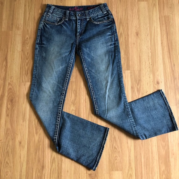 Rock & Roll Cowgirl Mid Rise Bootcut Jeans Dark Denim Embroidery - Picture 2 of 9